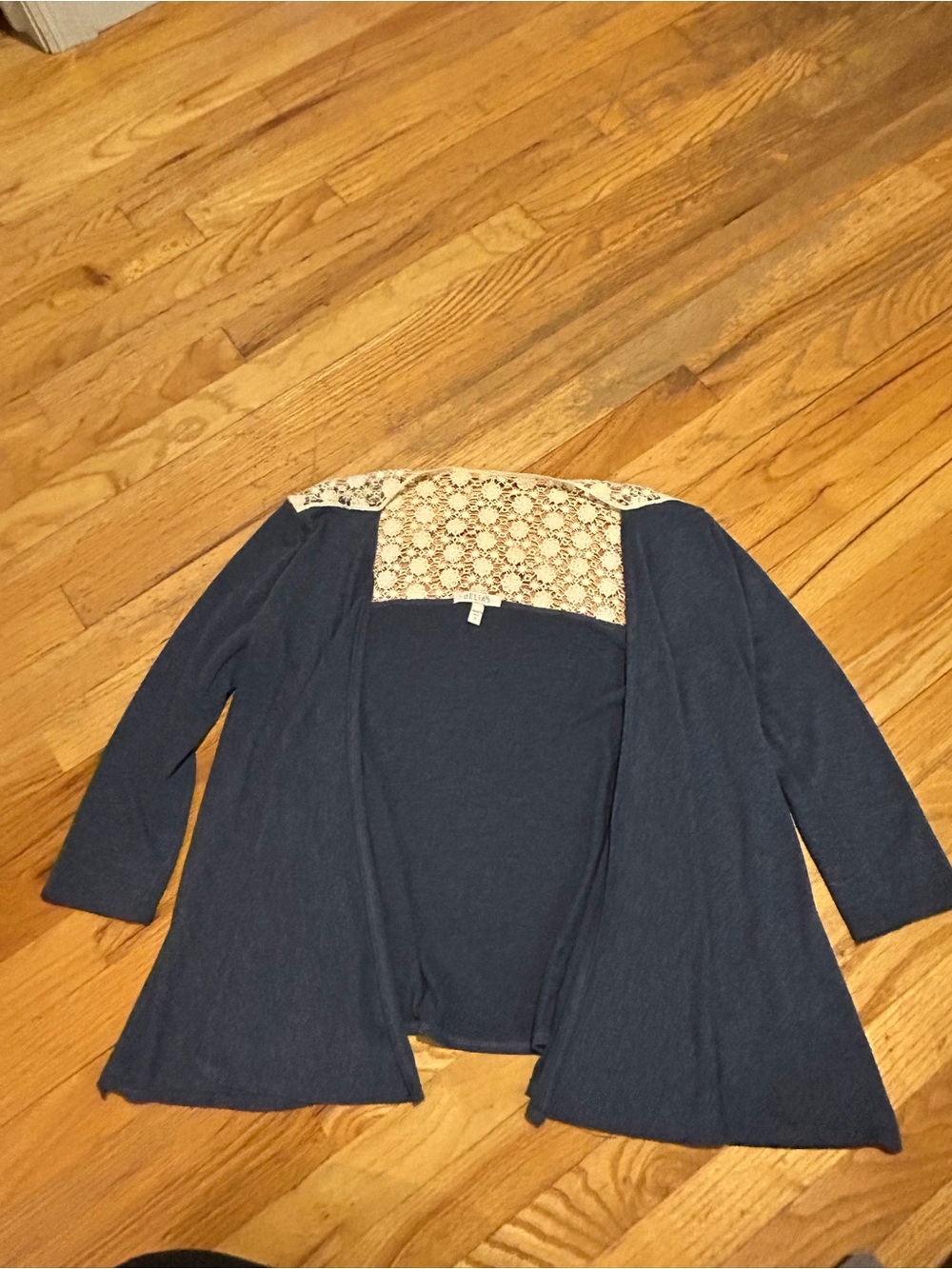 dELiA*s Navy Open-Front Cardigan with Cream Lace Yoke